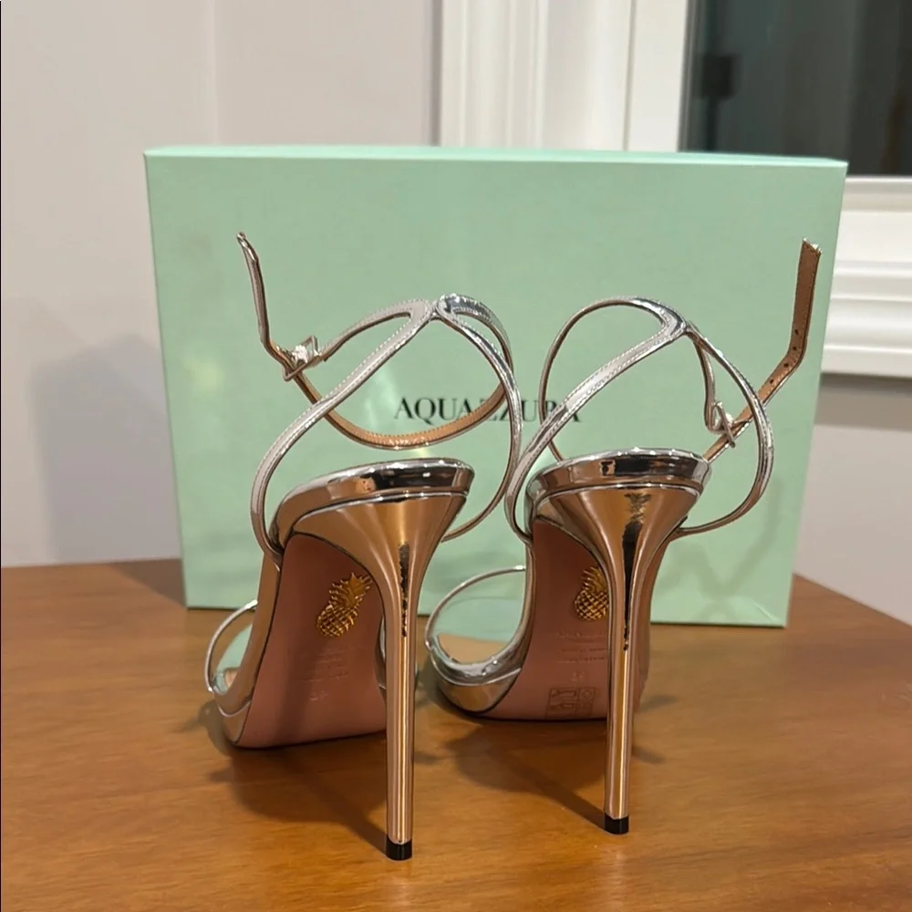 Aquazzura Olie Plateau 115 Silver Stiletto Strappy Heels - Picture 2 of 4